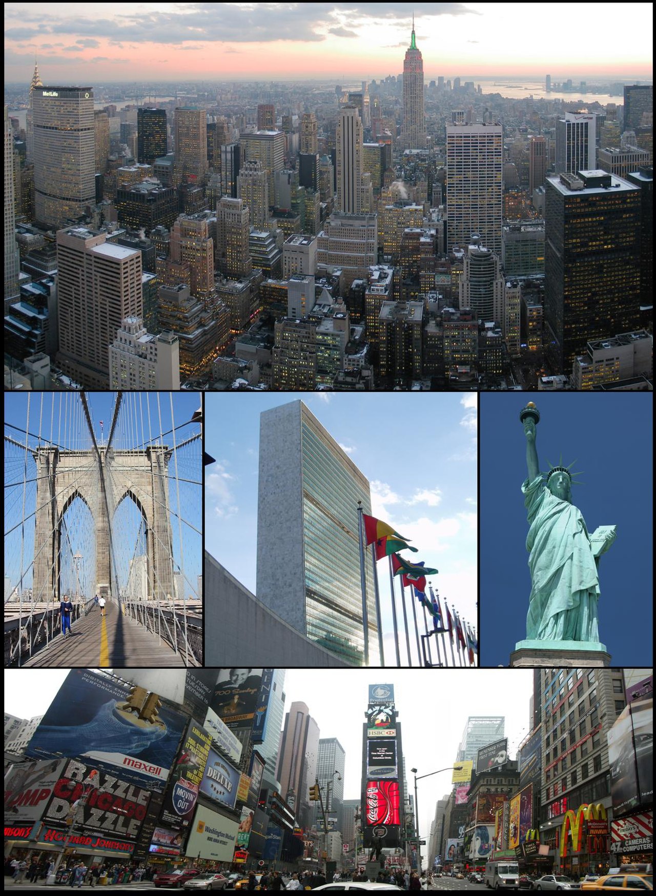Từ trái bên trên: Manhattan phía nam Trung tâm Rockefeller, Cầu Brooklyn, Tổng hành dinh Liên Hiệp Quốc, Tượng Nữ thần Tự do, và Quảng trường Thời đại