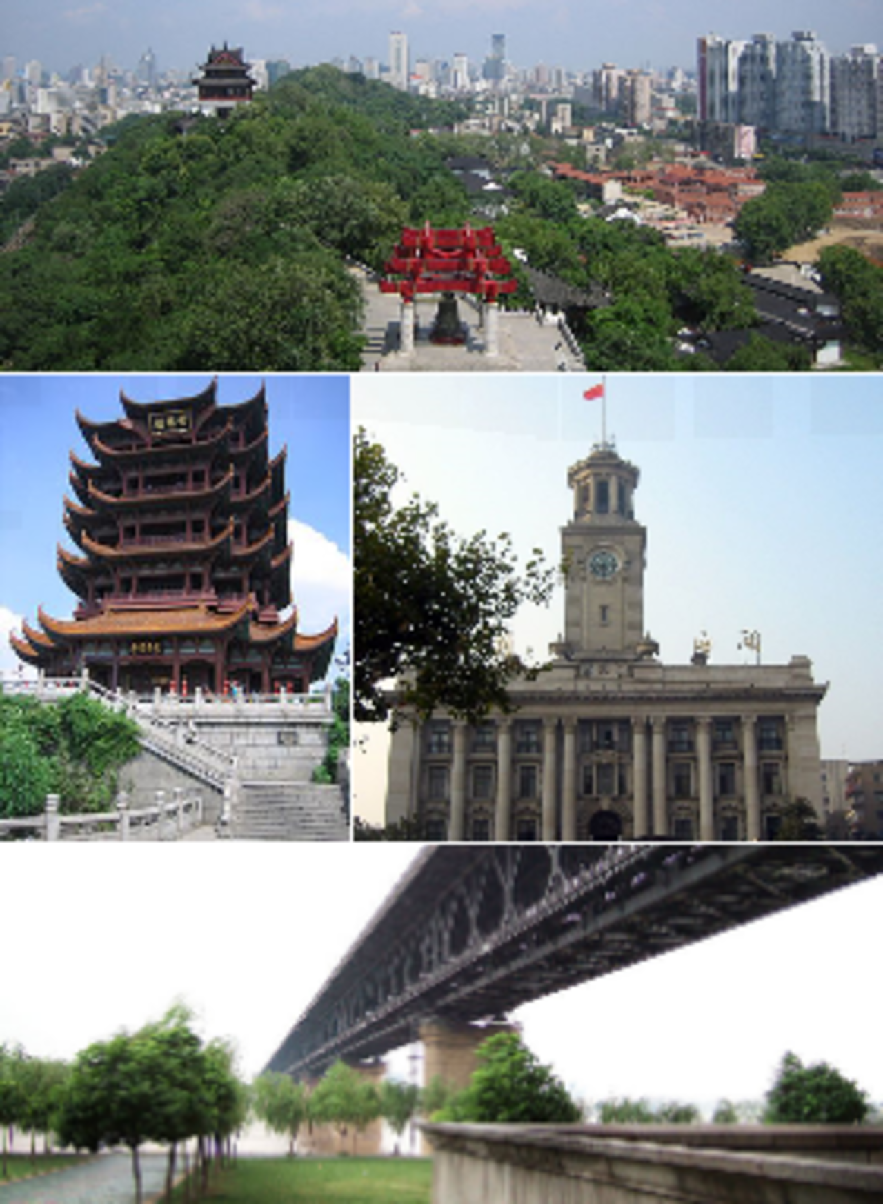 Từ trên xuống: Vũ Hán và sông Dương Tử, Hoàng Hạc lâu, tòa nhà hải quan Vũ Hán, và Vũ Hán Trường Giang đại kiều